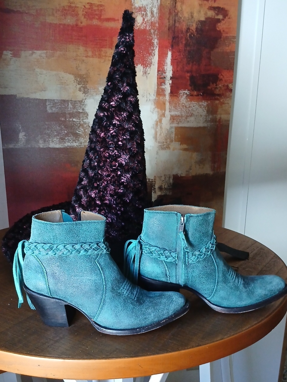 Shyanne Teal Suede Braided Ankle Boots